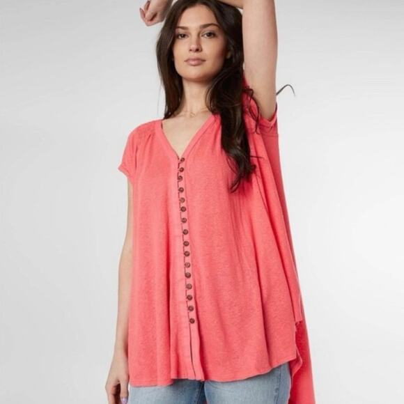 Free People Oversized Short Sleeve Button Front High Low Boho Blouse Size Medium - Picture 11 of 11